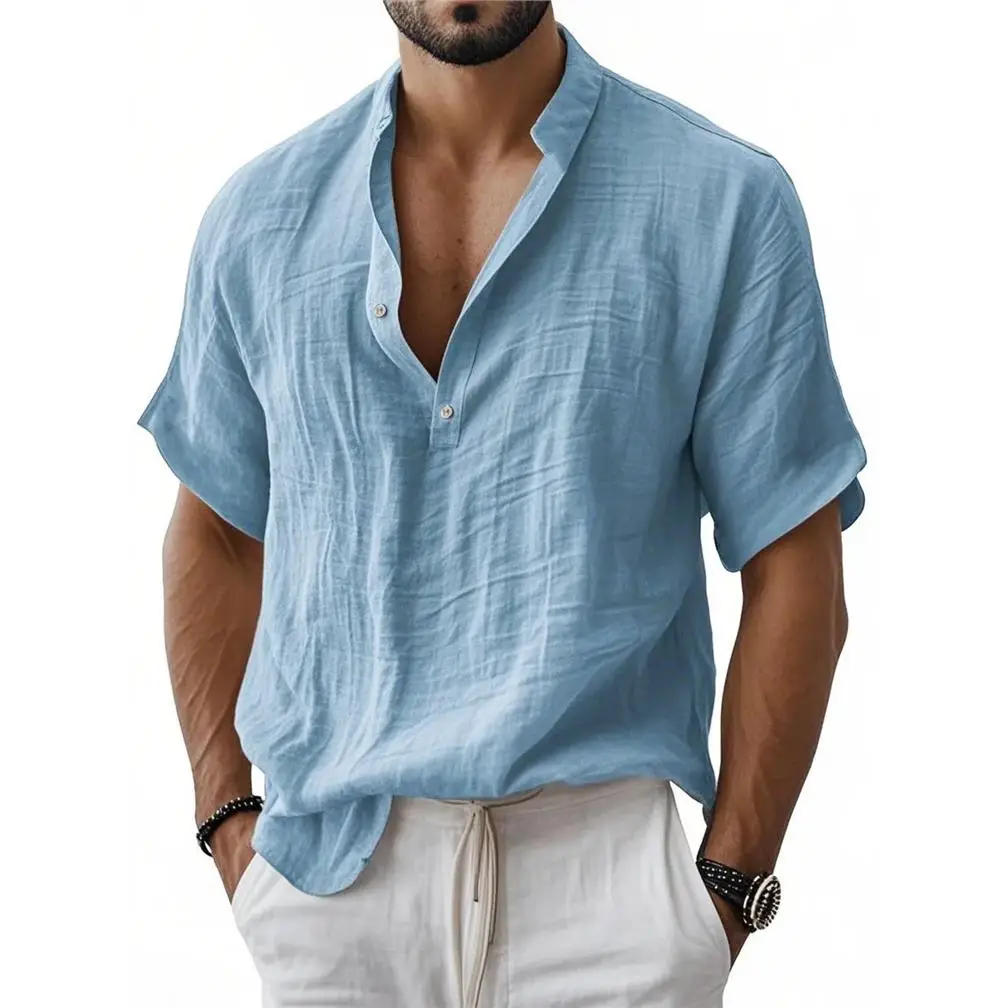

Men's Color Short Sleeve Casual Cotton Linen Shirt Breathable Machine Washable CleanFit Stand Collar Inner Wear Citywalk