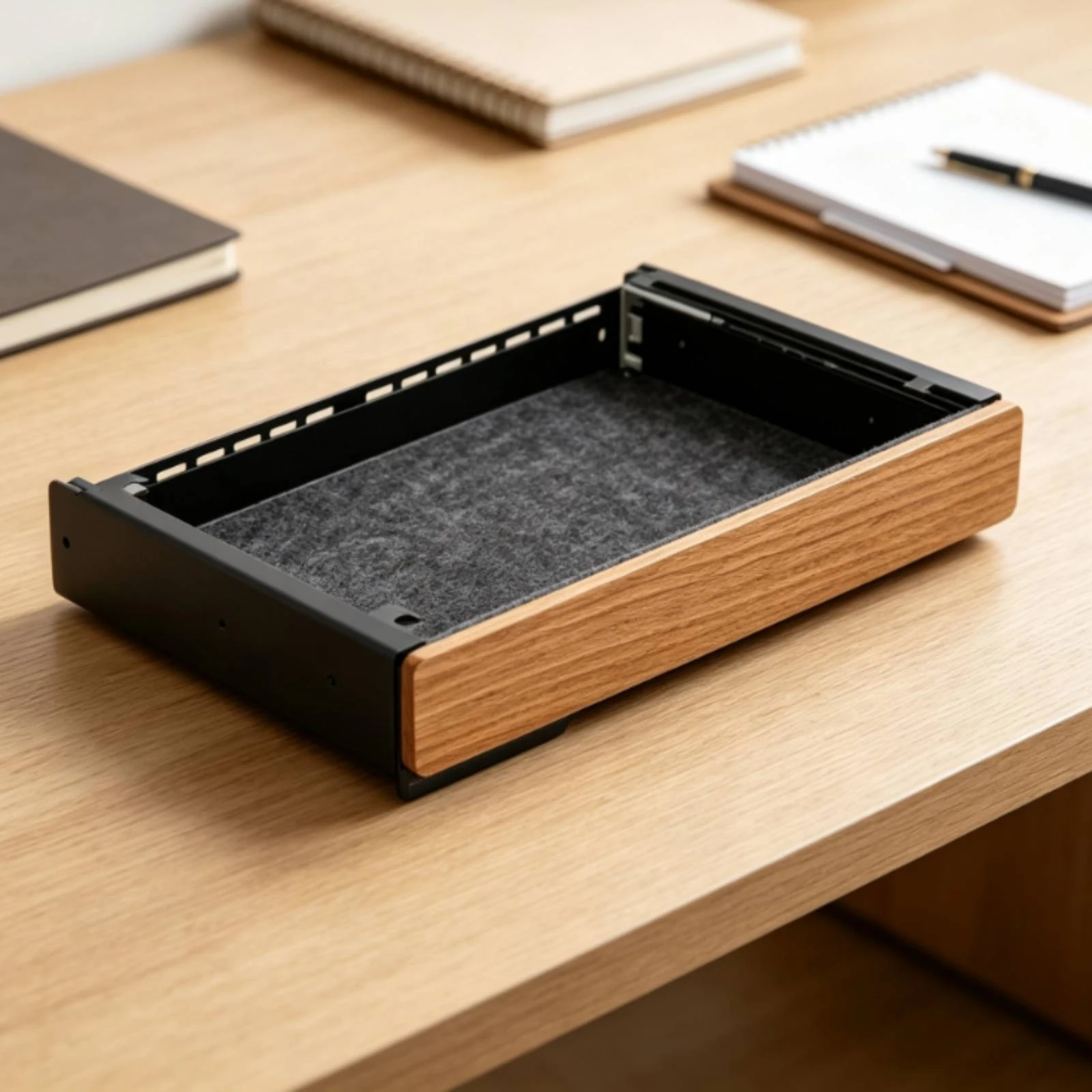 Invisible Under Desk Drawer with Felt Lining Soft Interior Organizer for Workspace Desktop Clutter Control