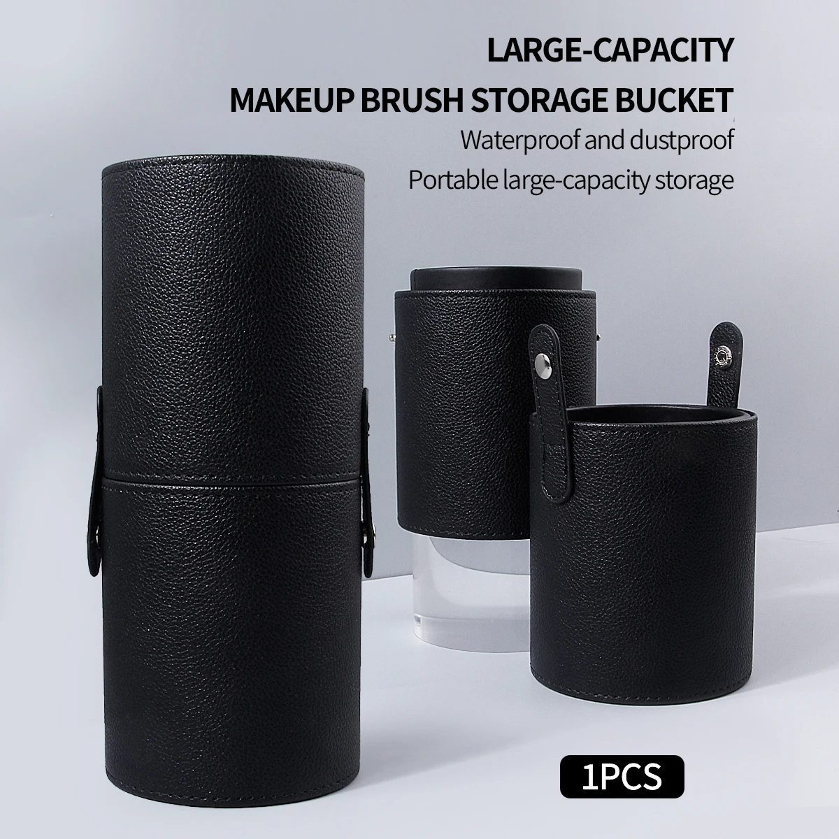 Hot Sale Dustproof Makeup Brush Holder,1PCS Black Leather Cylinder Snap Adjustable Storage Bucket Portable Cosmetic Organizer Fo