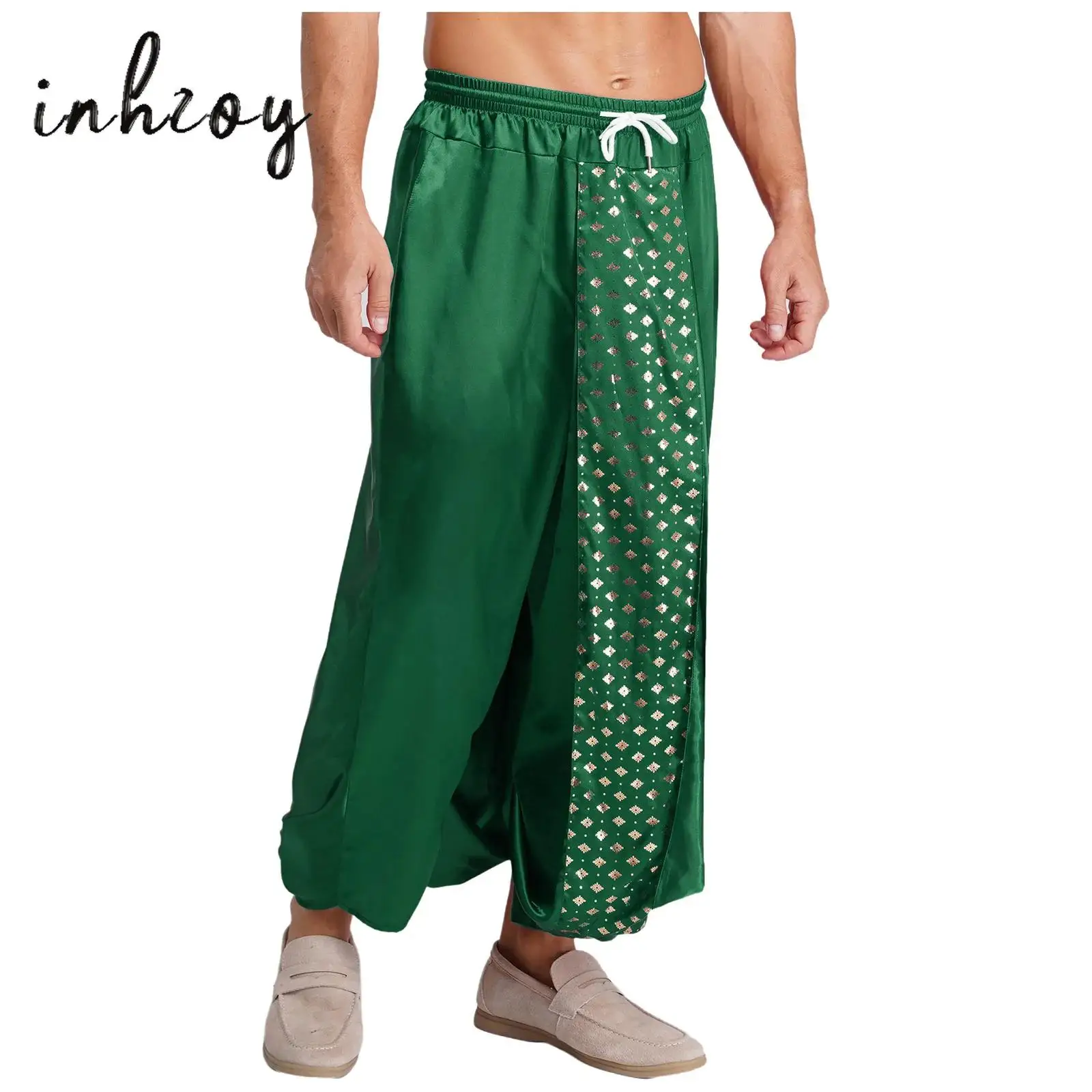 

Mens Satiny Indian Dance Dhoti Pants Metallic Print Drawstring Waist Loose Lantern Pants Harem Pants Traditional Thai Trousers