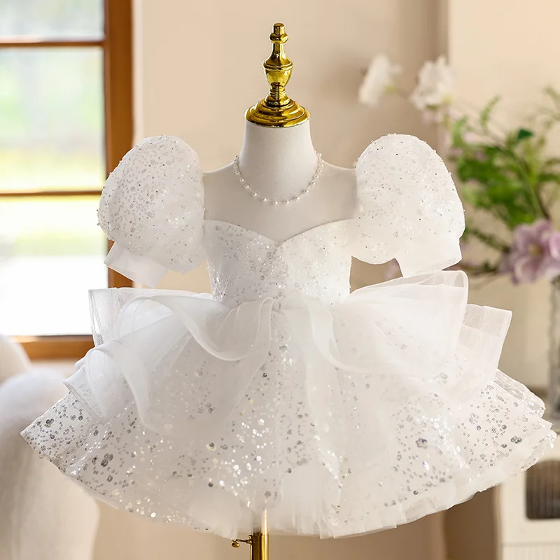 

Flower Girls Wedding White Princess Ball Gown Children Fashion Beading Sequins Design Birthday Party Dress y1576