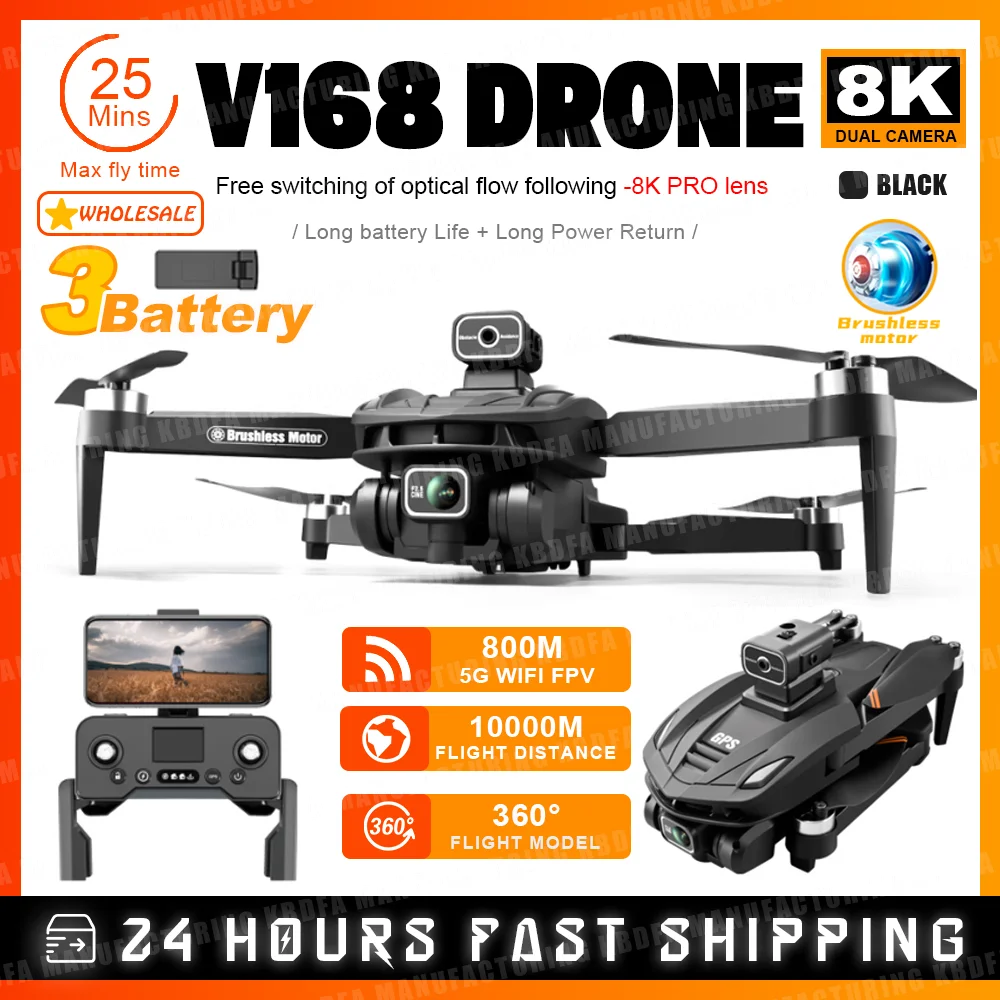 KBDFA V168 MAX PRO Drone, GPS, Câmera 8K HD, 5G WiFi FPV, Quadcopter RC sem escova, Evitar obstáculos, Retorno automático para brinquedos