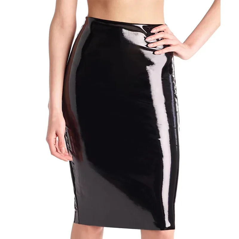 

Women Patent Leather Midi Pencil Skirt High Waist Shiny Vinyl Bodycon Skirt Sexy Faux Latex Clubwear Party Streetwear