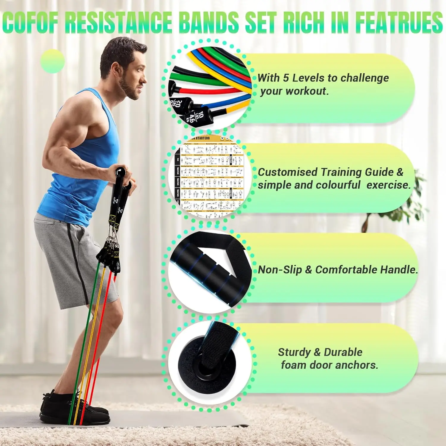 Resistance Bands Set with Yellow Handles, Exercise/Workout/Fitness Bands with Door Anchor, Legs Ankle Straps for Resistance Trai
