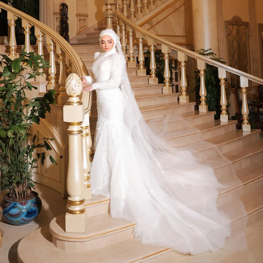 

Luxury Muslim Hijab Wedding Dresses High Neck Long Sleeve Lace Church Bride Dress Mermaid Bridal Gown Customized robe de mariée