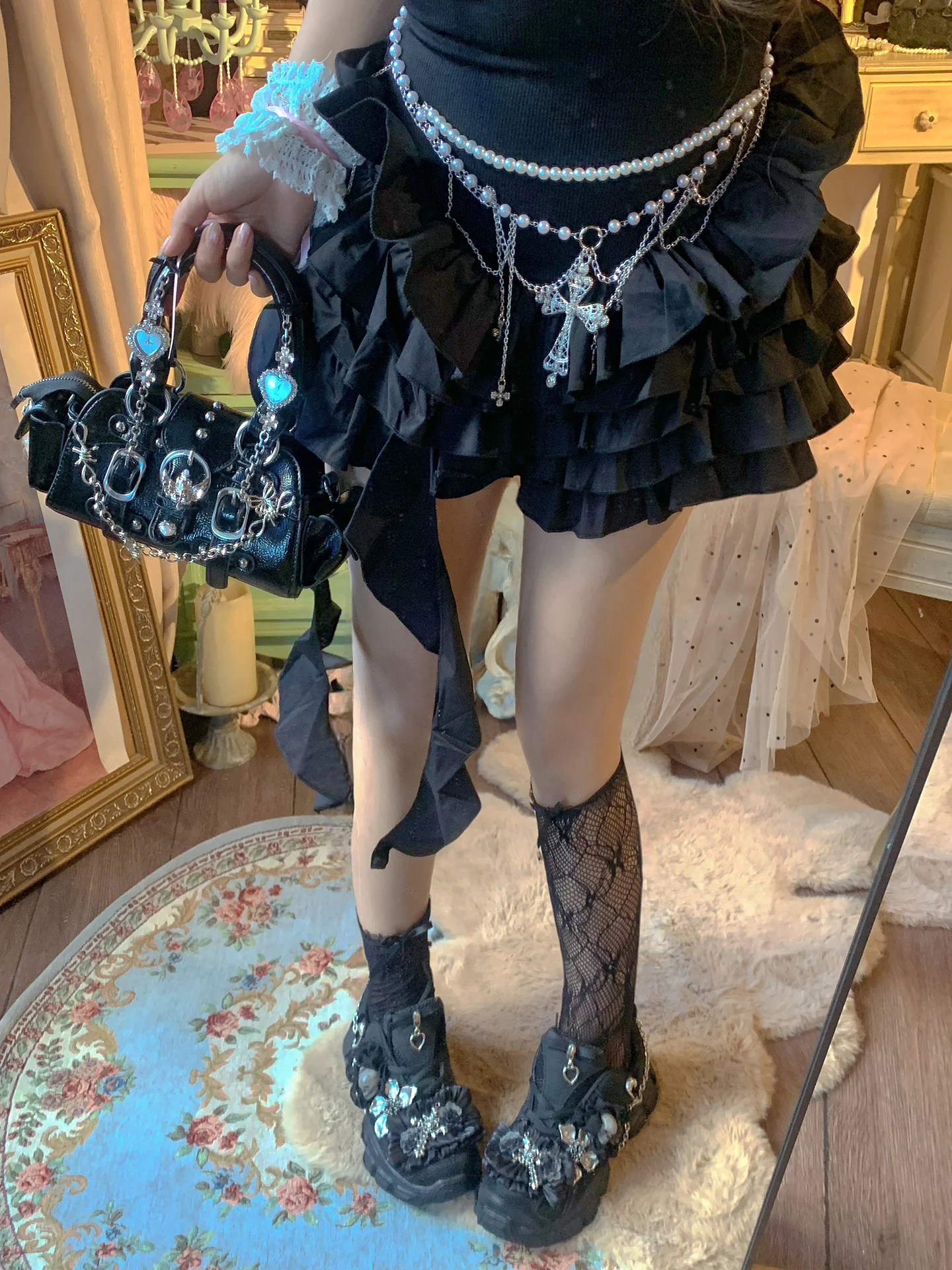 Pinkyo Original Metal Chain Cross Skeleton Flower Dad Shoes Dark Punk Subculture Thick Soled Shoes