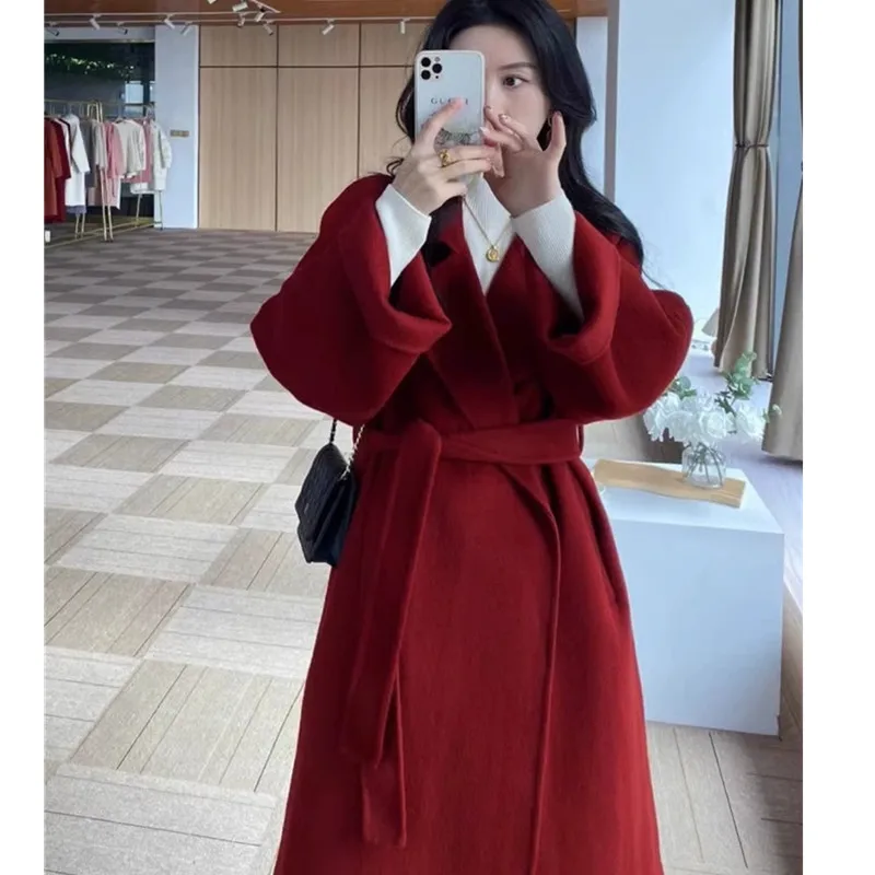 Red Double-sided cashmere Coat For women mid to long length 2026 Autumn Winter New Product Loose High-end Woolen Coats Female