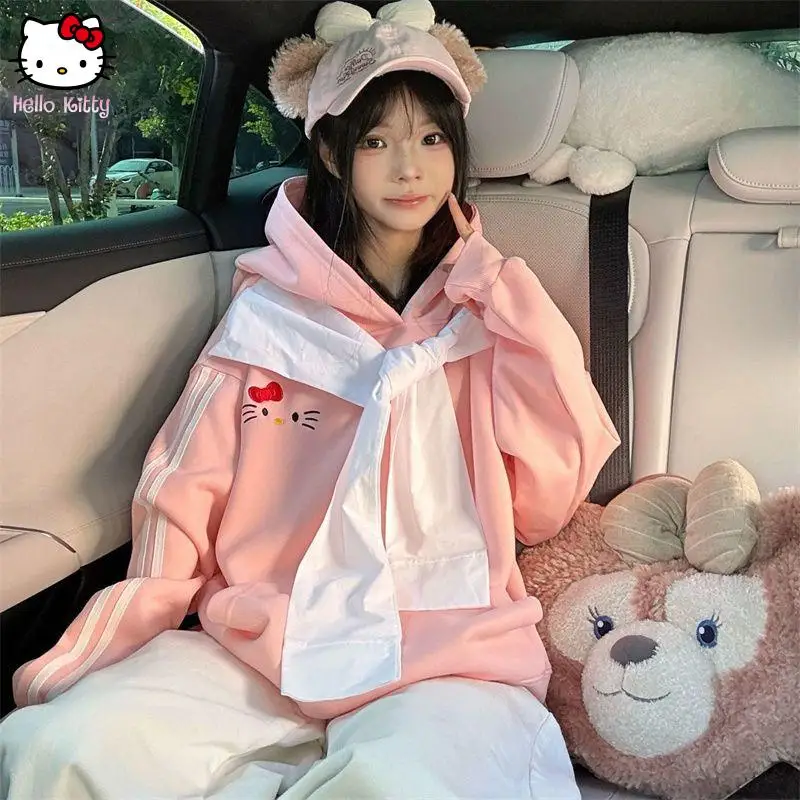 

Sanrio Свободная женская толстовка с капюшоном Hello Kitty, осень-зима, новый свитшот для пар, смесь хлопка, длинное пальто Sve Kawaii, мультяшное пальто High Street