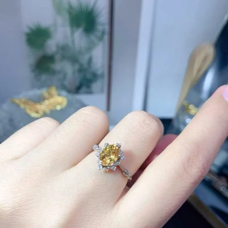 العتيقة نظرة 925 الفضة سيترين خواتم 6 مللي متر * 8 مللي متر 1ct السترين الطبيعي مجوهرات 18K مطلية بالذهب الأصفر كريستال الدائري