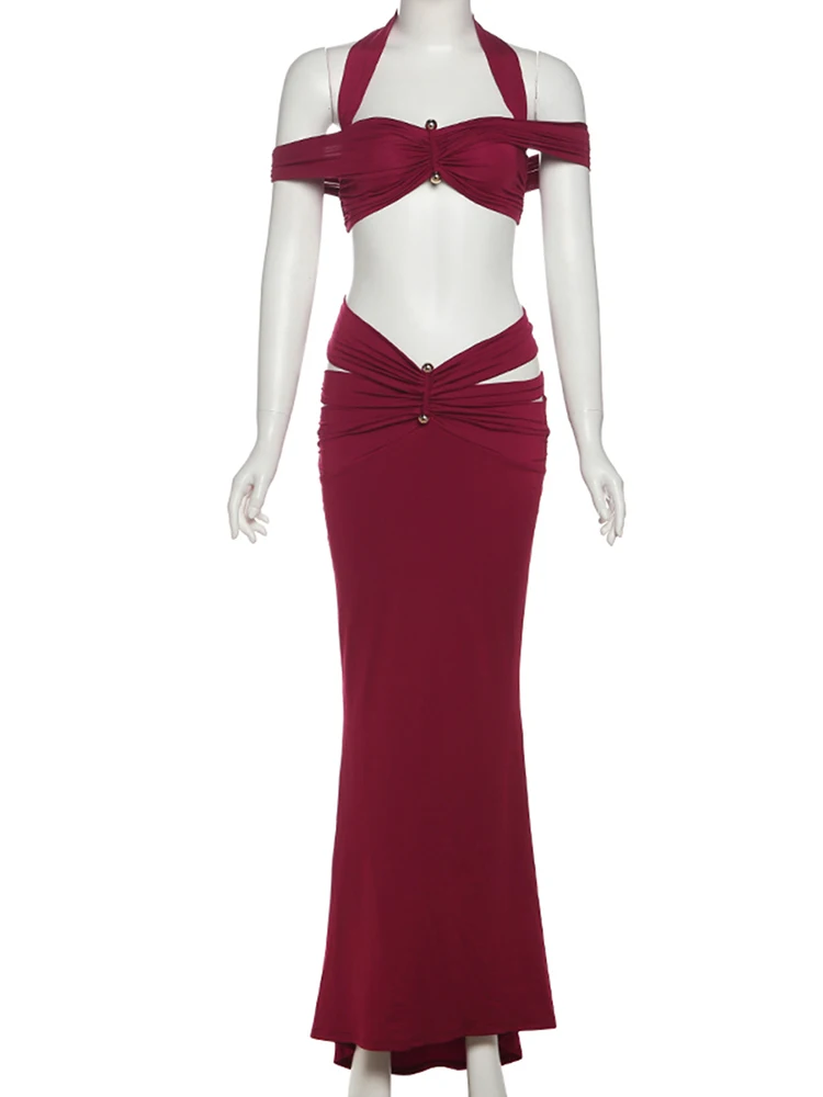 Cutenew Cocok Liburan Musim Panas Wanita 2 Potong Set Sambungan Logam Atasan Potong Halter Bahu Terbuka + Rok Maxi Ruched Pakaian Mujer