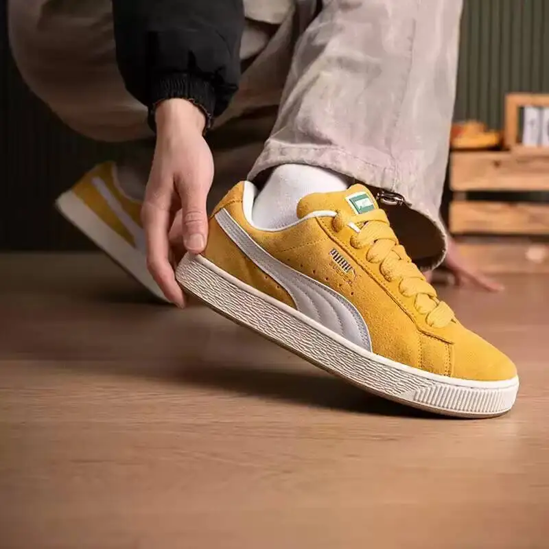 PUMA 399251-47 Men White Yellow Low Top Sneakers Leather Upper Lace Up Gold Logo Casual Walking Flat Shoes