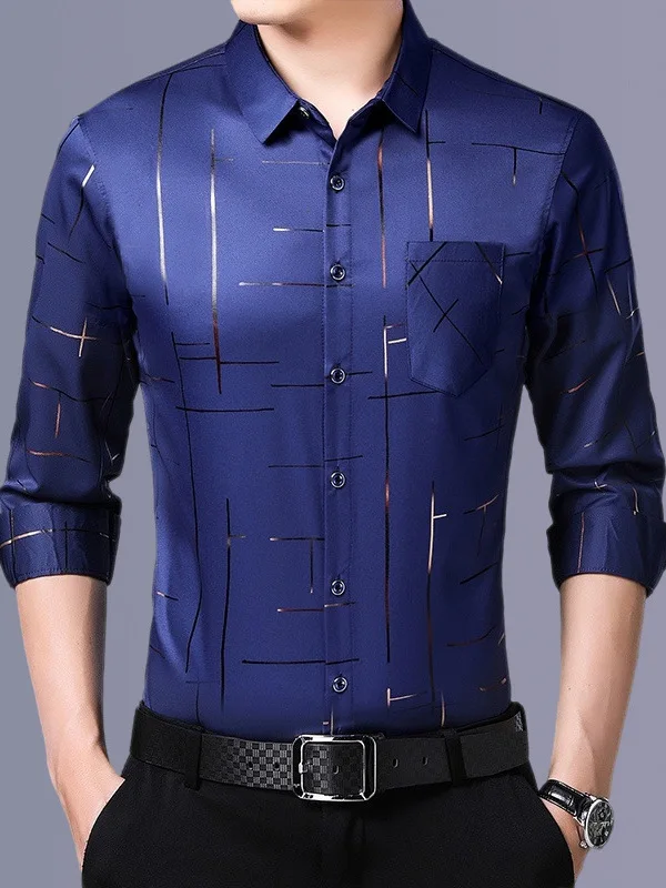 Men's Loose Fit Non-Ironing Lapel Elastic Shirt Dad Style All-Match Short Sleeve Printed Polyester Casual Youth Fashion