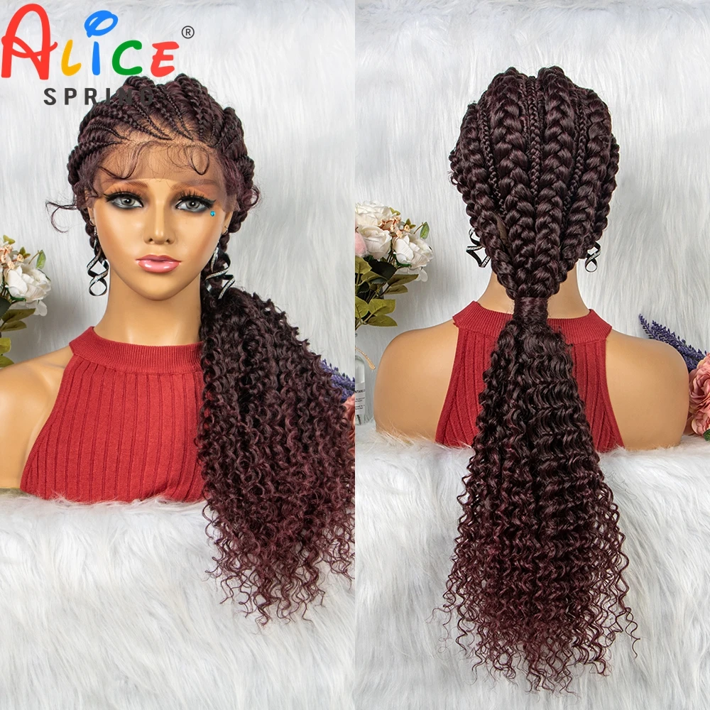 

Burgundy Braided Wigs Synthetic Lace Front Handmade Curly Ends Braided Wigs with Baby Hair for Black Women Cornrow Braids Wigs