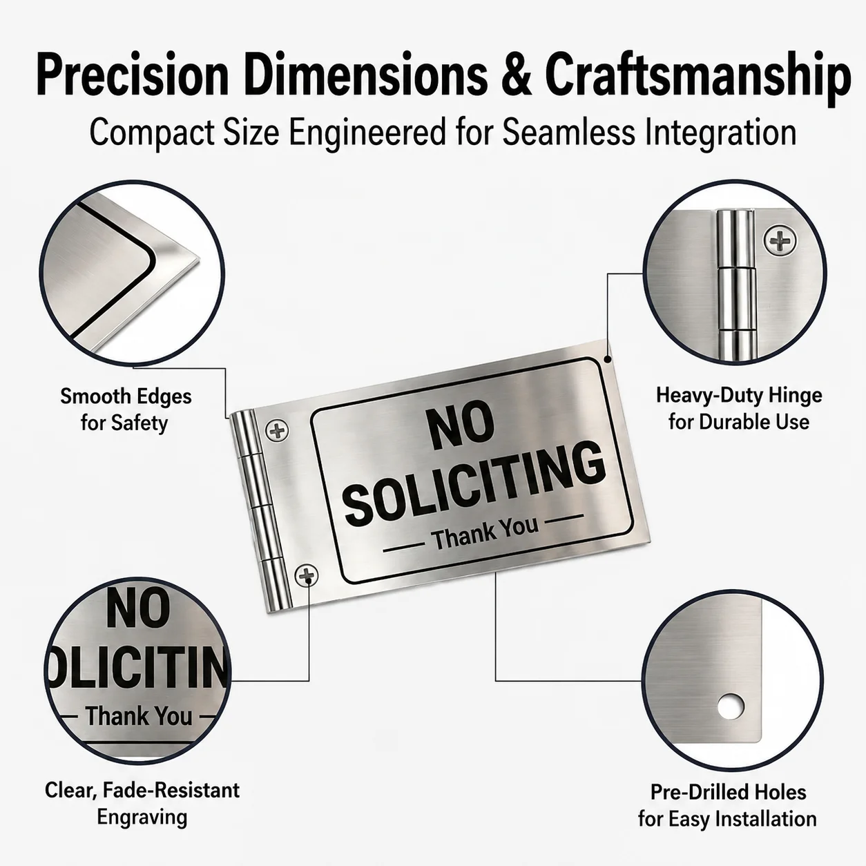 Self-Adhesive No Soliciting Sign Metal Unique Small Design Durable UV and Weather Resistant Easy Installation for House Business