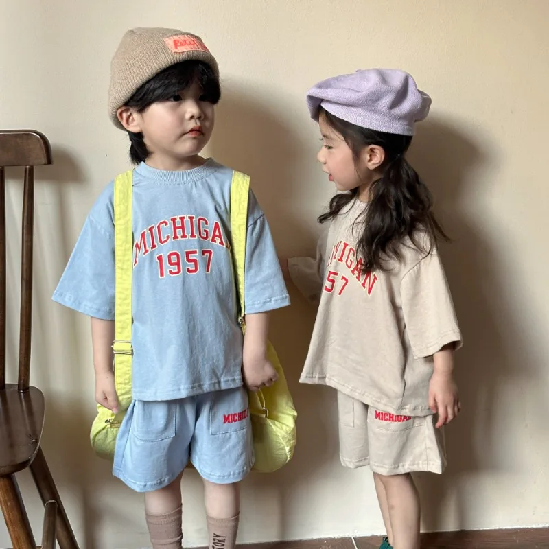 Summer Child Family Sports Sets Boy Girl Blue Apricot Letter Drop Shoulder Short Sleeve Loose T-shirt+Shorts Baby Clothes H83695