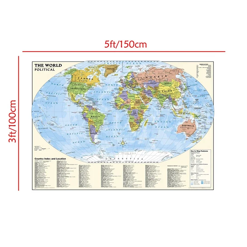 O mapa do mundo 150*100cm com índice e localização do país pintura em tela não tecida arte da parede cartaz casa escola fornecimento mapa de viagem