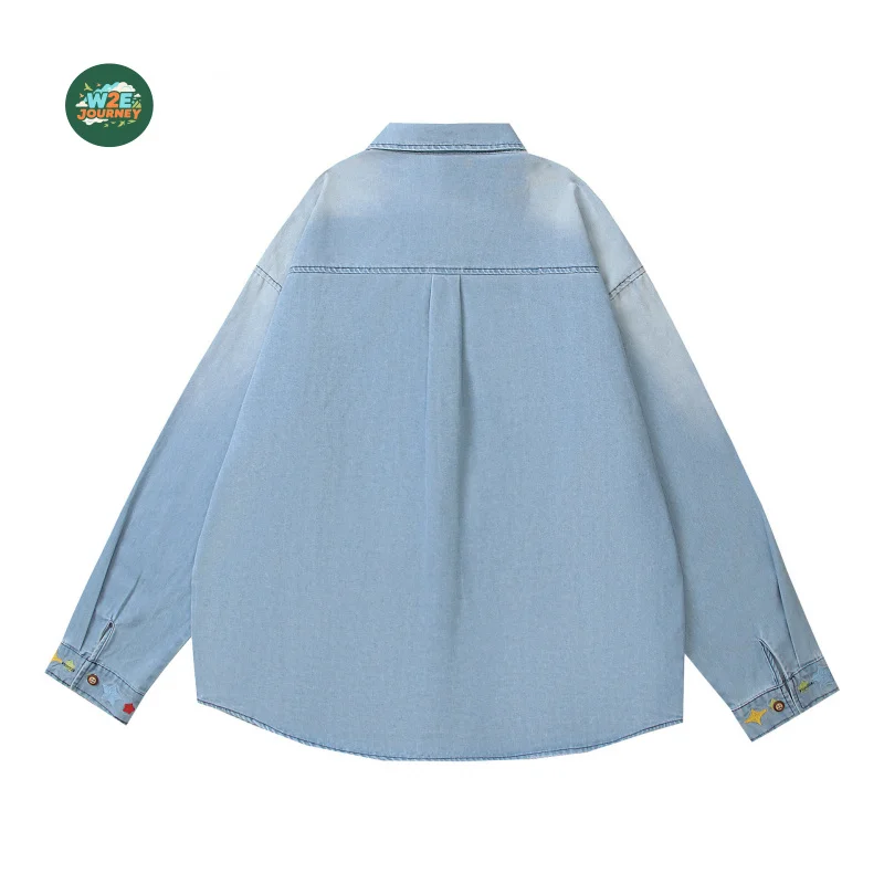W2EJOURNEY 고품질 EU US 사이즈 럭셔리 아웃도어 빈티지 워시드 만화 자수 긴팔 데님 유니섹스 캐주얼 셔츠