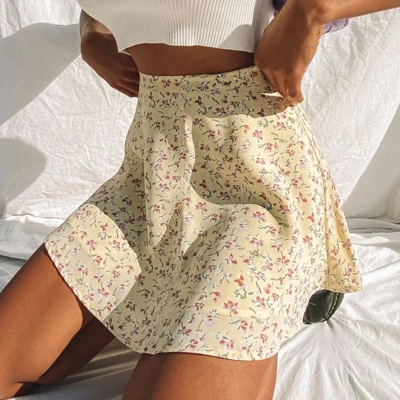 

2024 Summer new women' floral print skirt high waist umbrella mini skirt Female invisible zipper chiffon print short skirt women