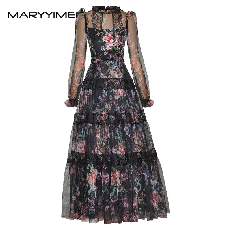 

MARYYIMEI Summer Women's Fashion dress Long sleeved Mesh Print Lace Patchwork Slim Party Elegant Runway Ball Gown Dresses