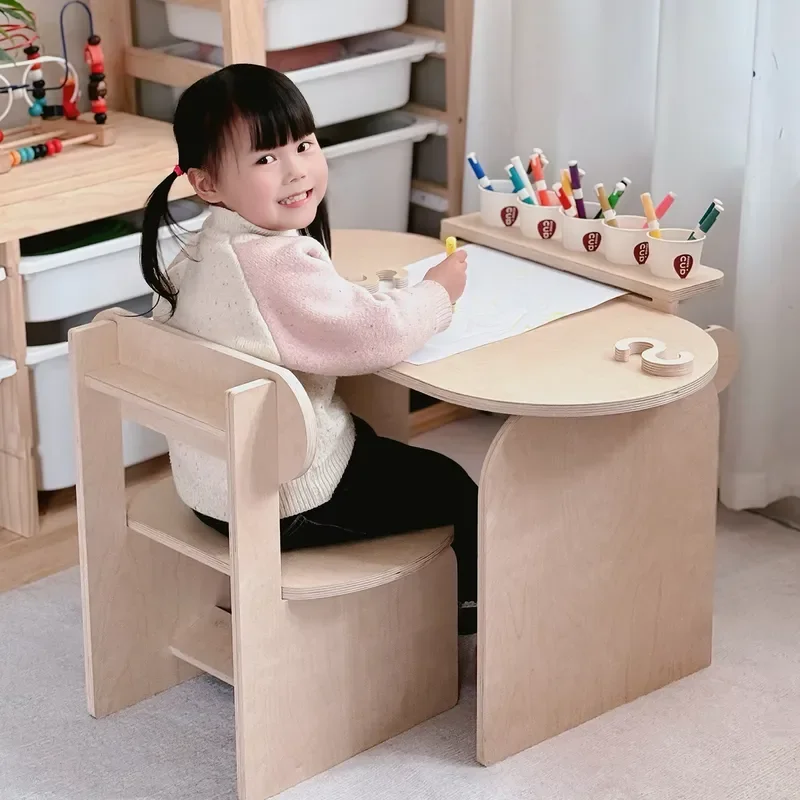 Kids Wooden Art Table and Chair Set with Paper Roll Holder Pine Study Desk for Children Painting Drawing Activity Furniture