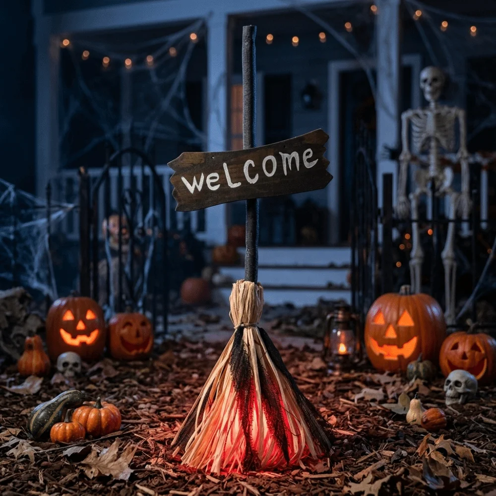 Voice-activated Halloween Witch Broom Glowing with Welcome Sign Magical Dancing Broom LED Light Battery-powered