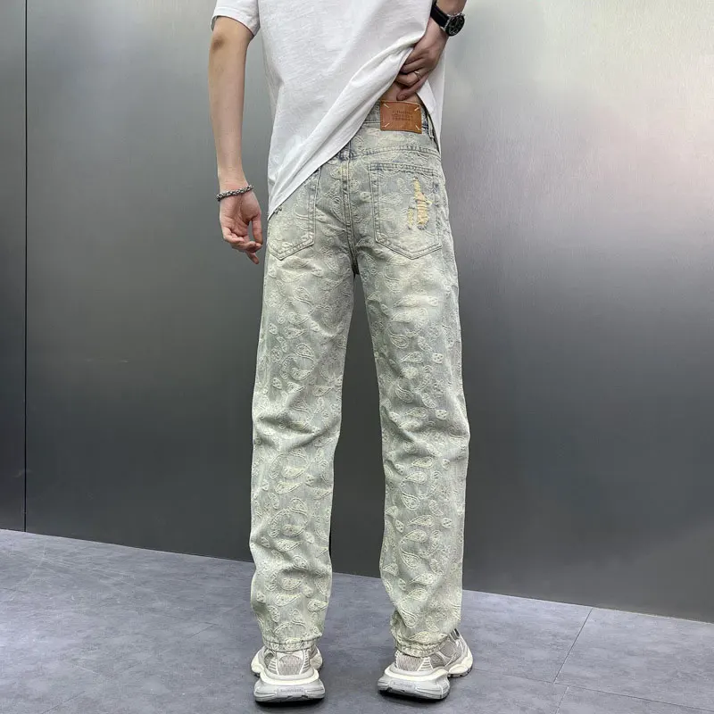 Y2K Fashion New Men's Work Pants Scratched Letter Print Washed Nostalgic Words Elastic Slimming Retro Light Blue Work Pants