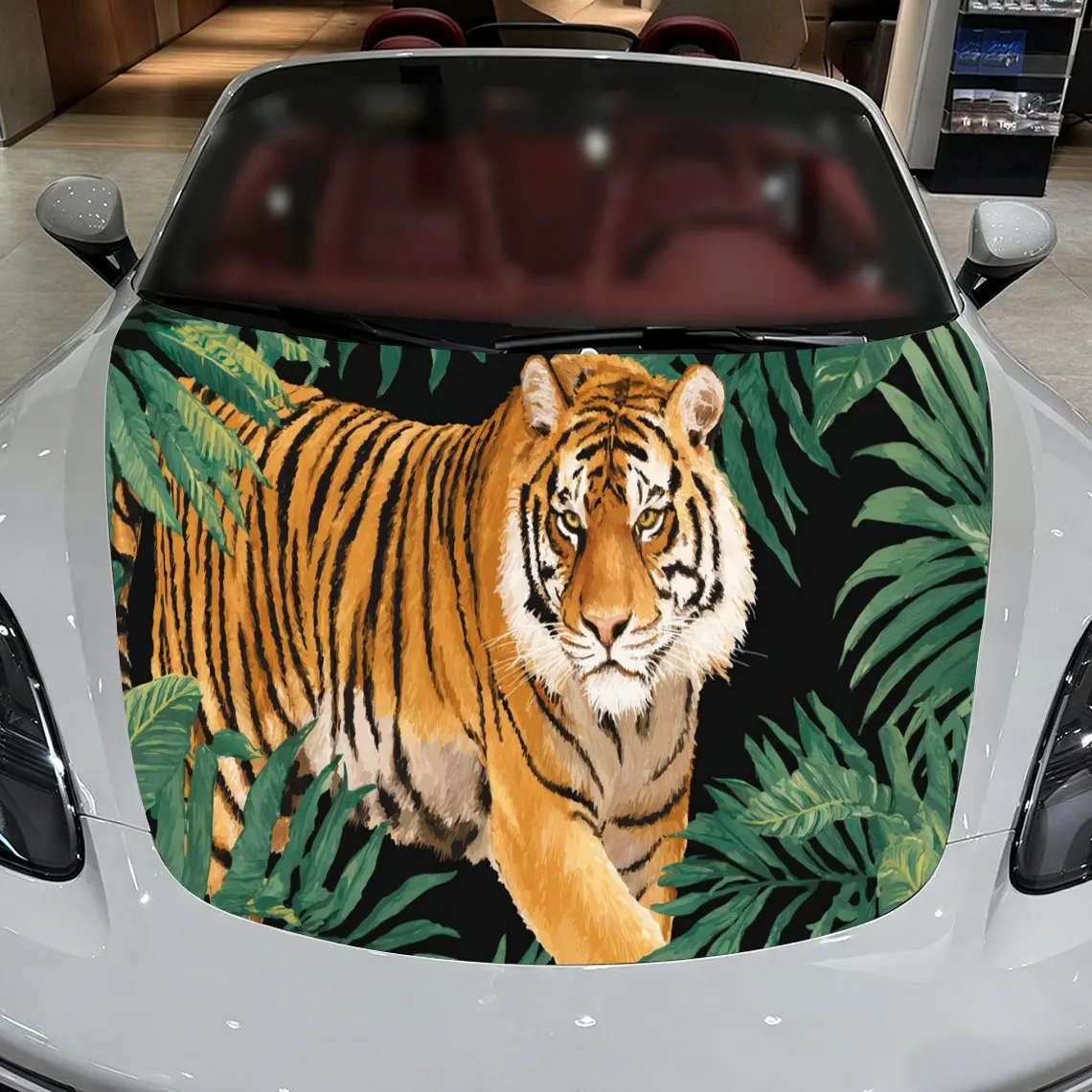 Car Decals A Tiger Design with Tropical Foliage Elements in a Vibrant, Nature-Inspired Textured Background with Artistic, Exotic
