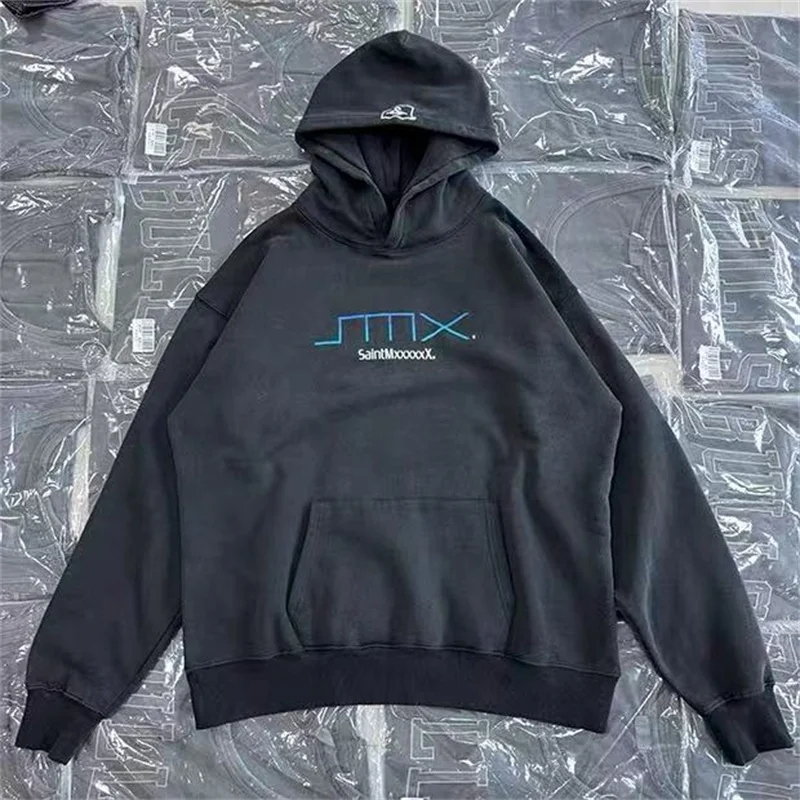 Retro Washed Black Distressed Saint Hooded Sweatshirt Simple Letter Print Men Women 100% Cotton Loose Hoodie Best Quality