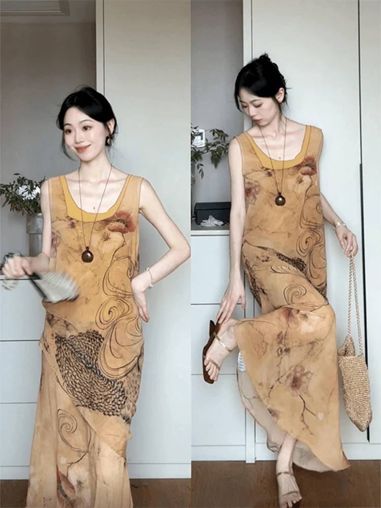 

New Chinese Style Floral Print Sleeveless Vest Dress Women's Summer Design Sensation Drawstring Long Skirt Casual Loose Fit