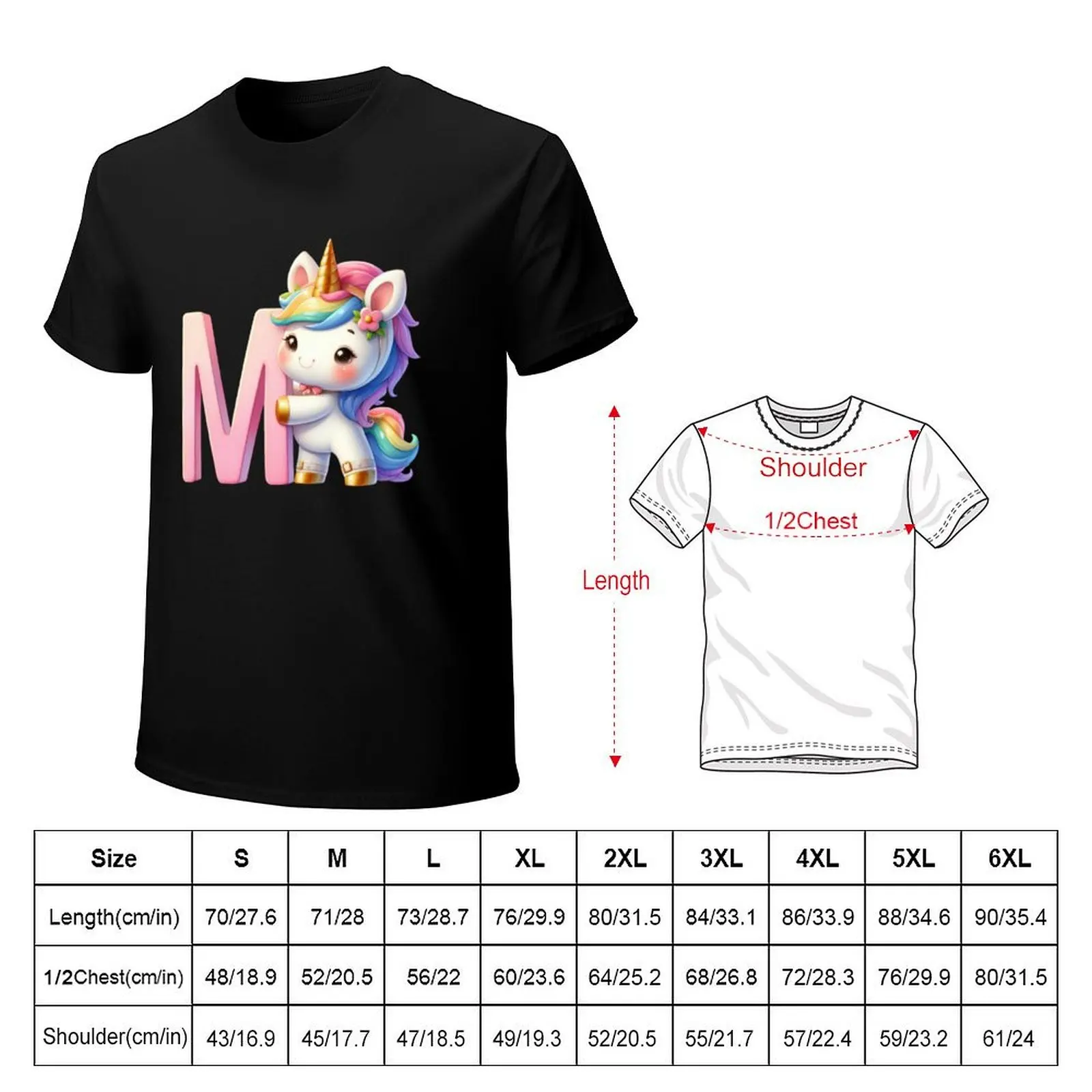 Unicorn kawaii alphabet monogram letter M T-Shirt Plus Size Non-Shrink T-Shirt