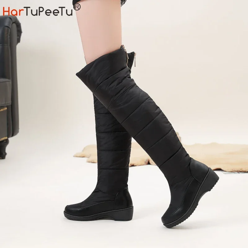 

2024 Winter Women Over the Knee Snow Boots Women PU Patchwork Waterproof Down Fabric Thick Cotton Padded Warm Plush Lining Shoes