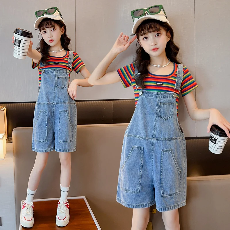 New Casual Baby Girl Summer Dungarees Denim Shorts with Straps for Kids Child Solid Jeans Overall Shorts Fashion Bib Shorts 5-14
