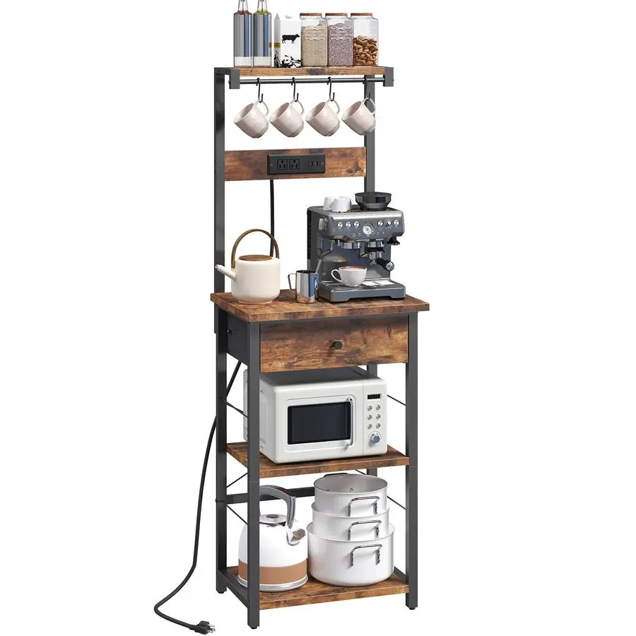 

Rack with Drawer, Microwave Stand with Power Outlet, Coffee Bar Station with 4 Hooks, Kitchen Storage Shelf Rack 4 Tiers, for Ki