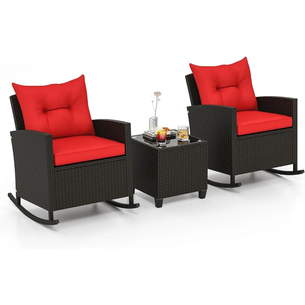 

3 Pieces Patio Rattan Rocking Bistro Set, PE Wicker Rocking Chairs with Tempered Glass Table, Rocking Furniture Set with Cushio