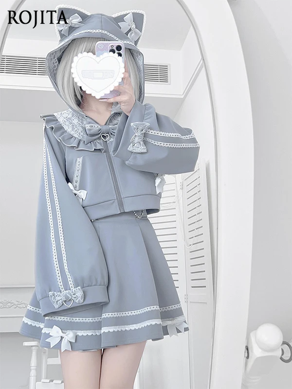 

College Style Blue Outfit Sweet Girl Skirt Set Japanese Sweet Mass-Produced Jacket and Skirt Two-Piece Sets 2025 Autumn New