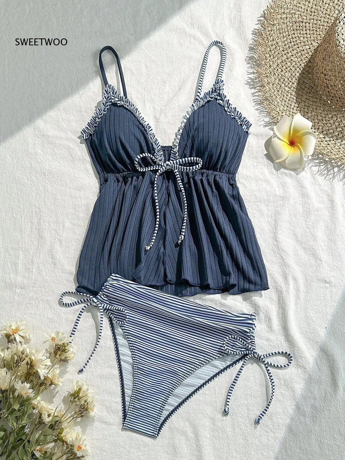 Women Navy Ribbed Tankini Swimwear Frill Trim Strap Peplum Top Striped Side Tie Bikini Brief Two Piece Bathing Suit