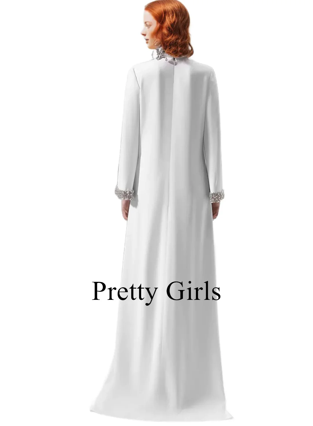 Dubai White Crepe Satin Rhinestone Evening Dresses Luxury Long Sleeves High Collar Party Prom Gowns Formal vestidos de fiesta