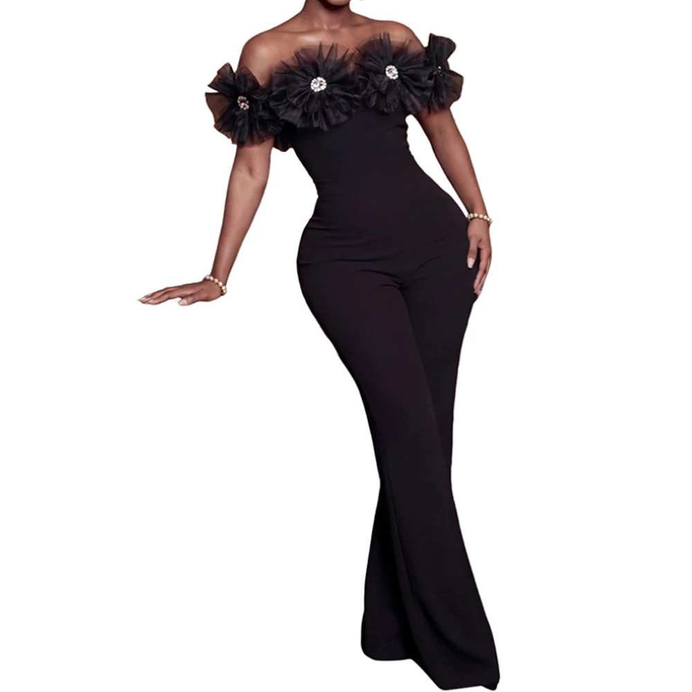 Women Black Off Shoulder Ruffle Jumpsuit Rhinestone Sexy Long Jumpsuit for Nightclub