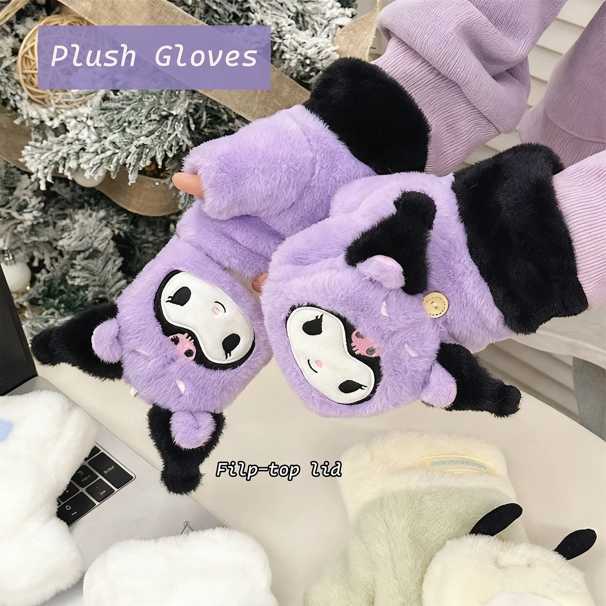 قفازات سانريو القطيفة بلدي ميلودي كورومي قفازات الوجه نصف إصبع قفاز مقاوم للبرودة شاشة اللمس قفازات دافئة هدية الشتاء #4