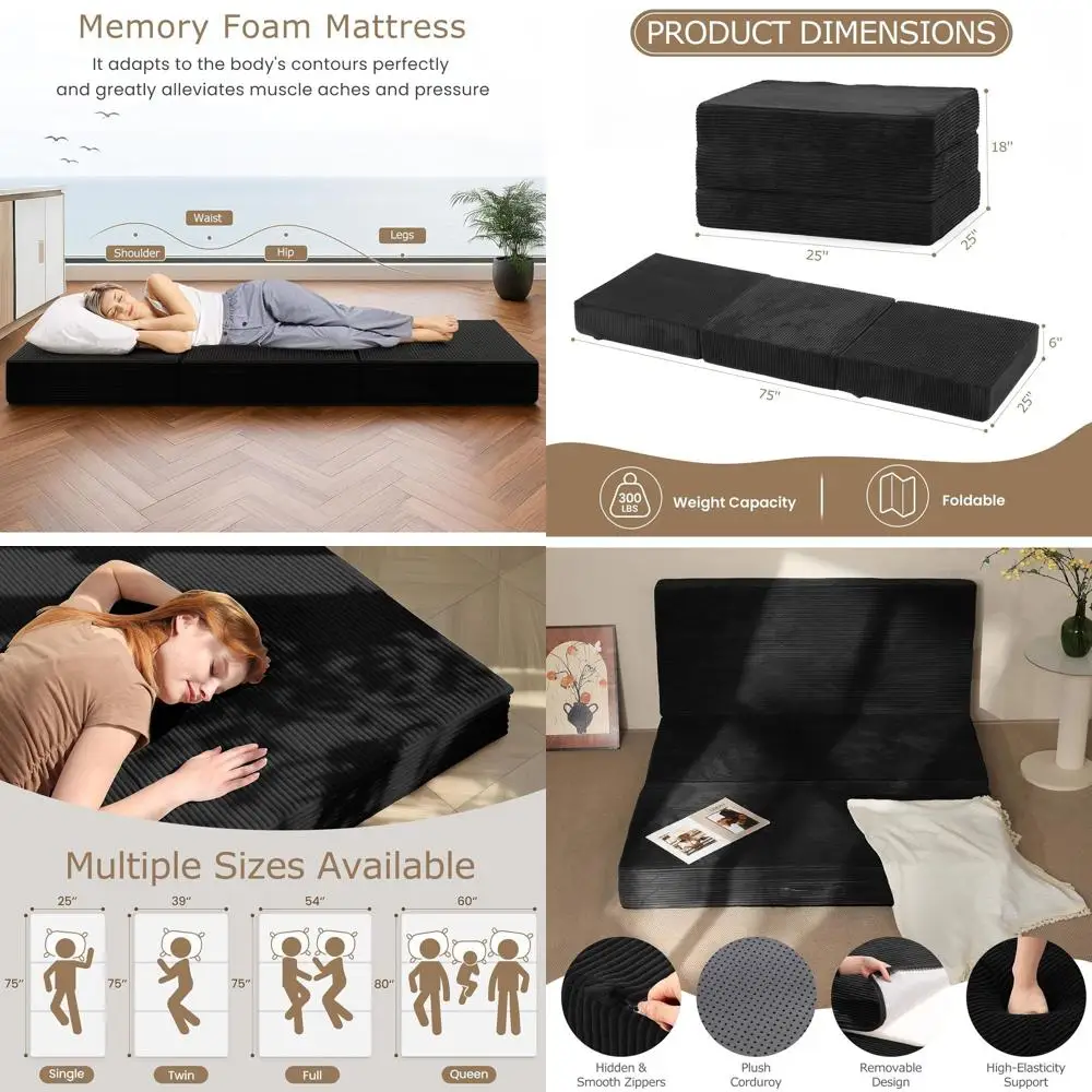 

6-одиночный складной диван-кровать-футон с матрасом из пены с эффектом памяти, съемным моющимся чехлом и нескользящим основанием