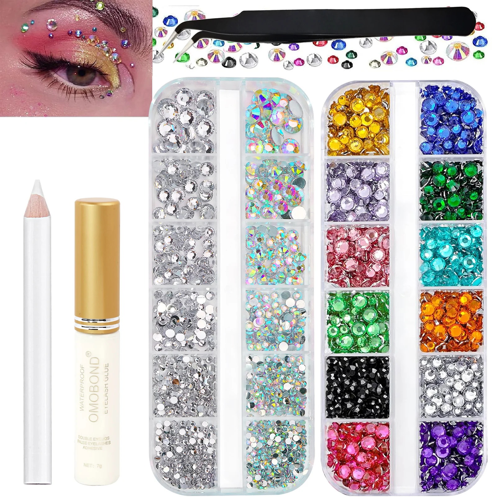 Sparkling Facial Gemstone Sticker Set Flat Bottom Colorful&AB Water Diamond Tweezers for Body Makeup Nail Art Eye Jewelry Decora