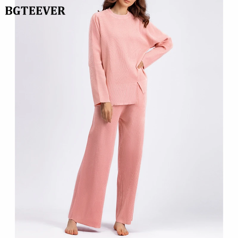 BGTEEVER Casual Loose Women Knitted Outfits O-neck Pullovers Sweaters & Wide Leg Pants Autumn Winter Ladies 2 Pieces Knitted Set