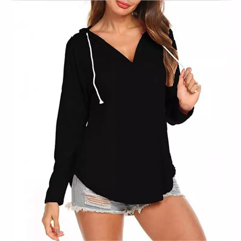Women's Solid Color V Neck Long Sleeve Drawstring Hooded Loose Fit Comfortable Casual Versatile Trendy Commuter Basic Daily Top