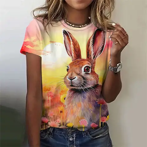 Söta kaninmönster T-shirts Roliga djur 3D-tryck Dam Casual Kortärmade Påskhare T-shirt Y2k Toppar Damkläder 8 best sales Bugs Bunny T-shirt - №6