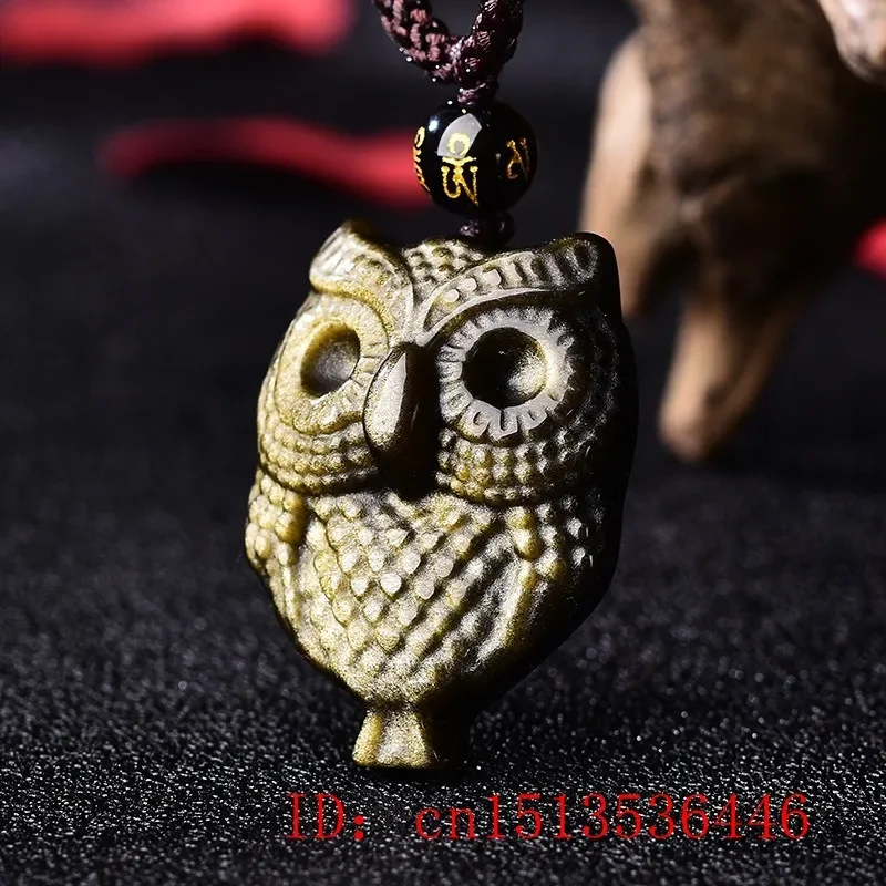 Natural Black Obsidian Tiger Eye Stone Owl Pendant Chinese Necklace Fashion Charm Jewellery Carved Amulet Gifts for Women Men