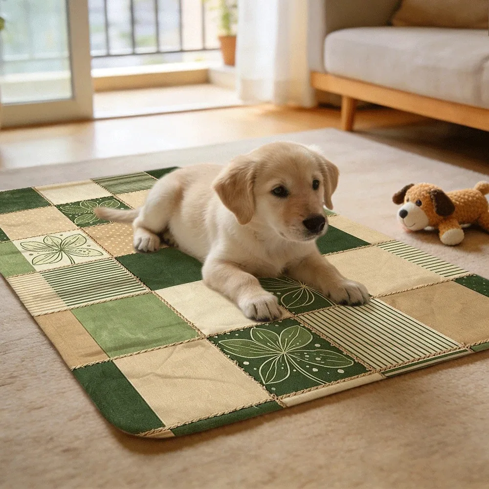 Forest-style green plant color-blocking Non-Disposable Reusable Puppy Pads Thick Absorbent Anti-Slip for Indoor Pet Training