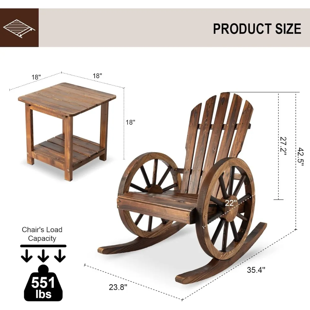 3 PCs Patio Rocking Chair Set, Outdoor Wooden Rocker Bistro Set with Coffee Table Wagon Wheel Rustic Chairs for Garden Country