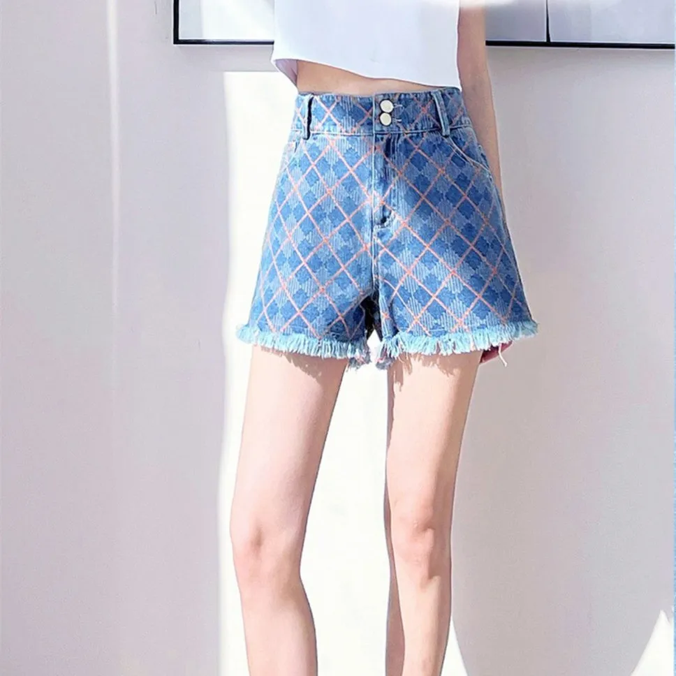 Pantaloncini di jeans scozzesi a vita alta Donna Estate Semplicità Office Lady Pantaloncini dritti casual allentati a gamba larga