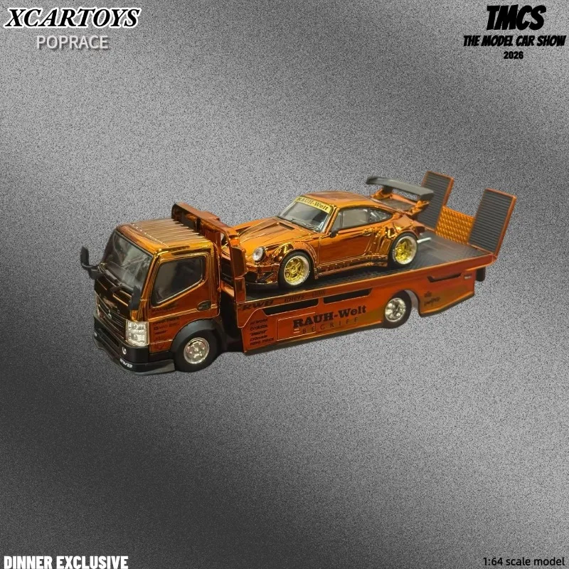 2026 Malaysia TMCS PopRace Electroplated Orange trailer +RWB rig, 1/64 metal die cast model, gift, collection exhibits