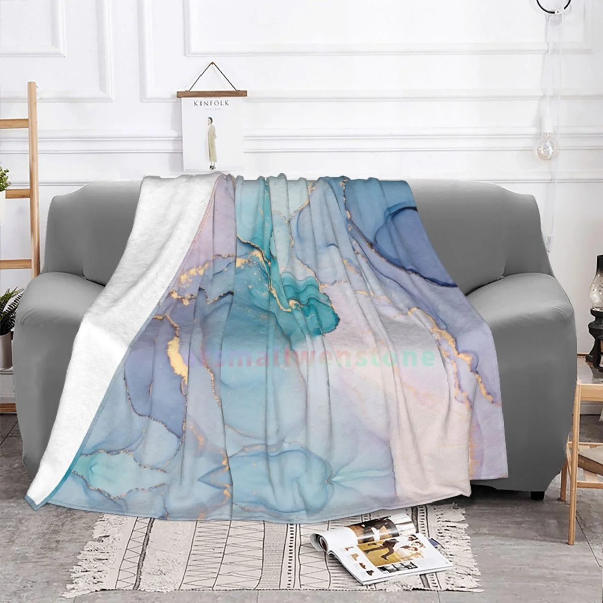 Abstract Teal Purple Gold Marble Flannel Fleece Blanket Soft Warm Lightweight Cozy Anti-Pilling Fuzzy Throw Blankets for Couch